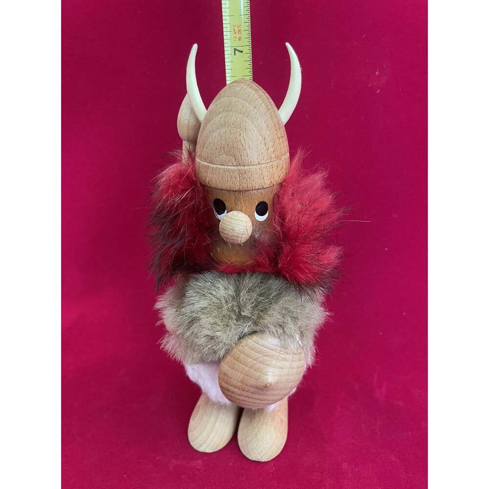 Scandinavian Danish Wooden Viking Figurine Fur Helmet Spear Shield Denmark 7.5”